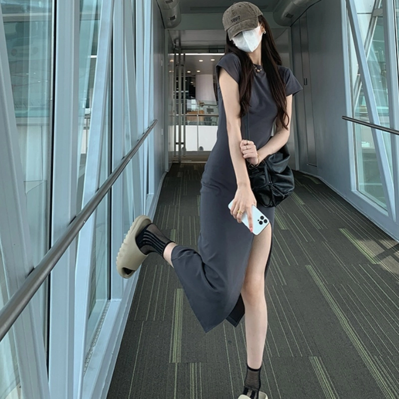 木清清 休闲纯色修身圆领中长款短袖连衣裙 女款 灰色
