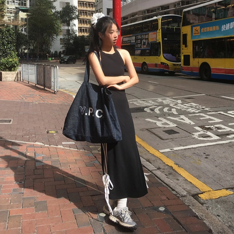 木清清 拼色圆领侧边系带设计无袖连衣裙 女款 黑色