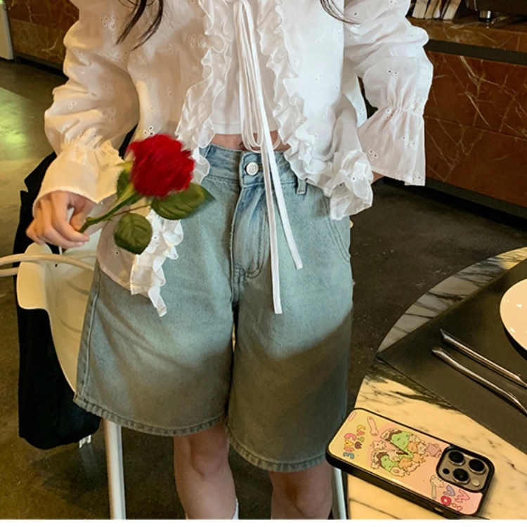 木清清 港味复古通勤高腰直筒百搭帅牛仔短裤 女款 蓝色