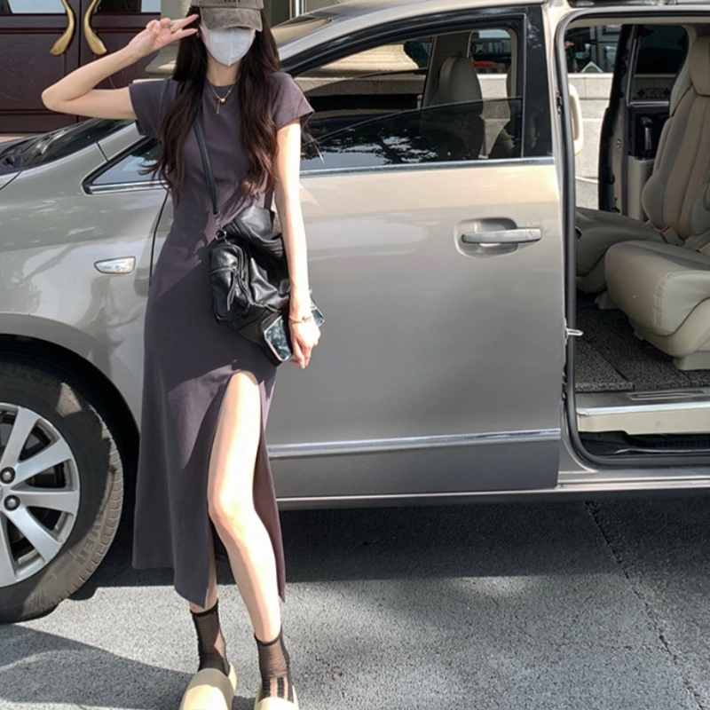 木清清 休闲纯色修身圆领中长款短袖连衣裙 女款 灰色