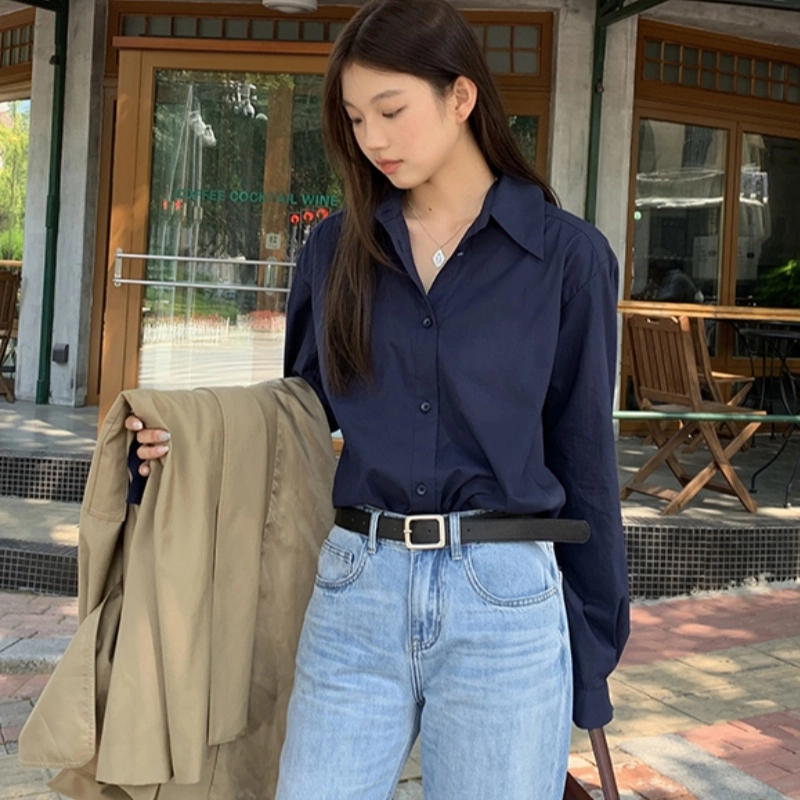 木清清 纯色翻领落肩长袖衬衫 女款 深蓝