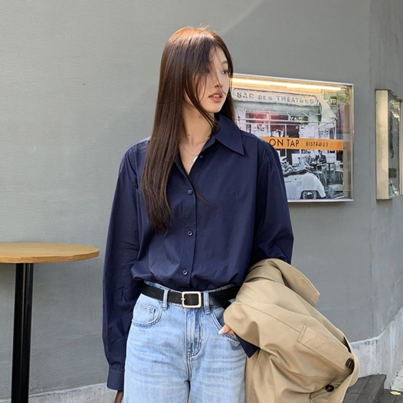 木清清 纯色翻领落肩长袖衬衫 女款 深蓝