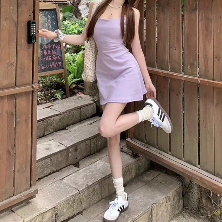 木清清 纯色修身方领吊带连衣裙 女款