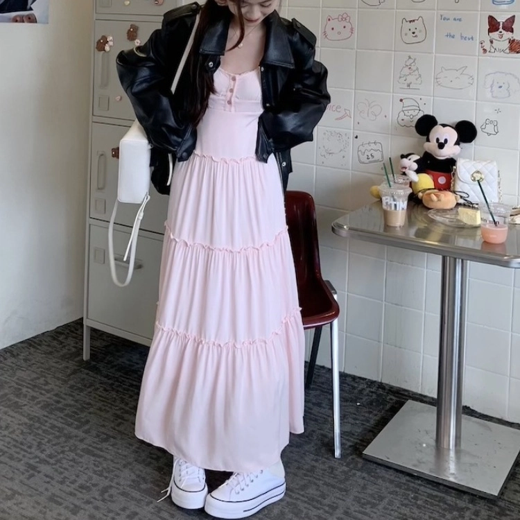 木清清 纯色长款宽松吊带连衣裙 女款 粉色