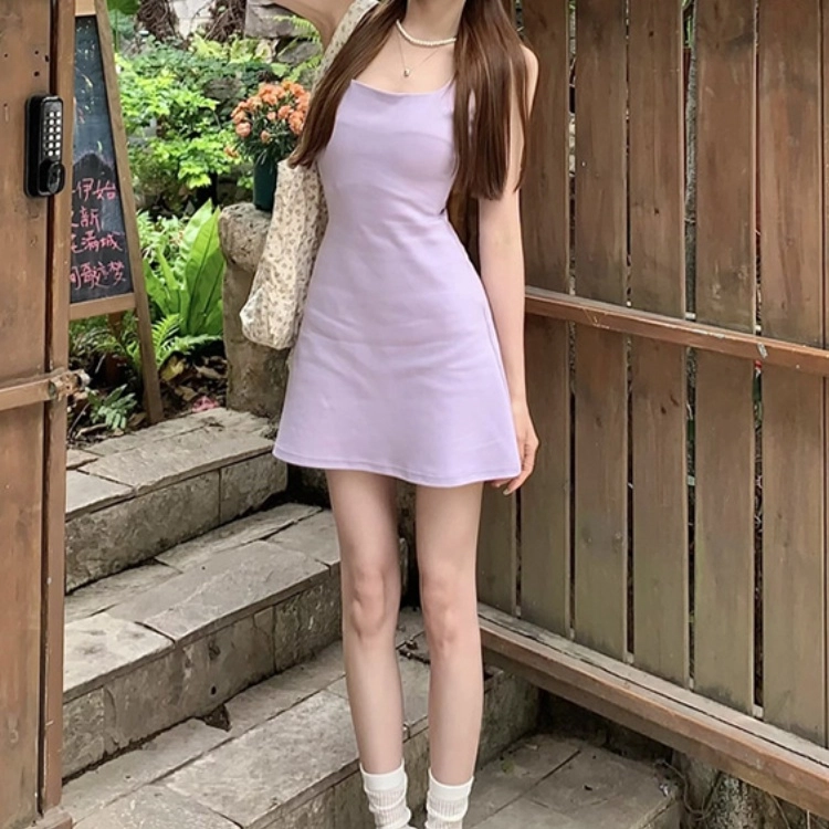 木清清 纯色修身方领吊带连衣裙 女款