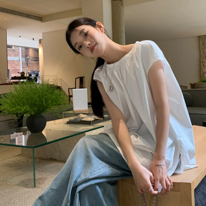 木清清 纯色圆领宽松无袖衬衫 女款 白色