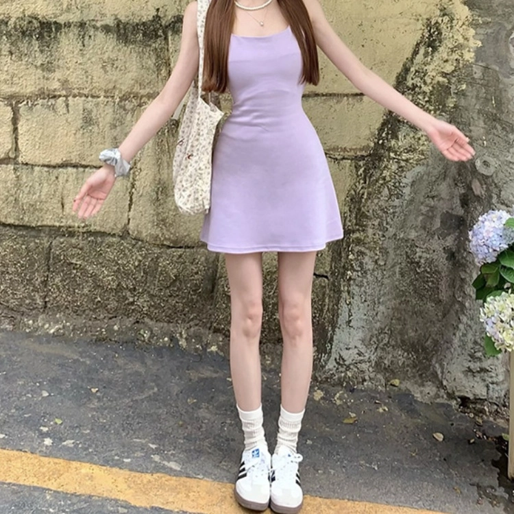 木清清 纯色修身方领吊带连衣裙 女款