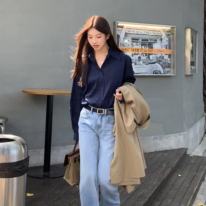 木清清 纯色翻领落肩长袖衬衫 女款 深蓝