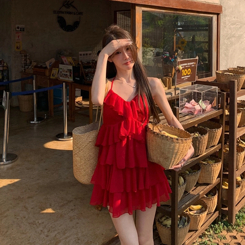 木清清 露背挂脖设计感吊带连衣裙 女款 红色