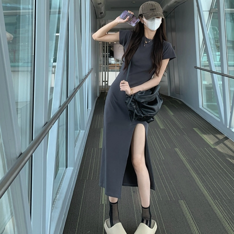 木清清 休闲纯色修身圆领中长款短袖连衣裙 女款 灰色