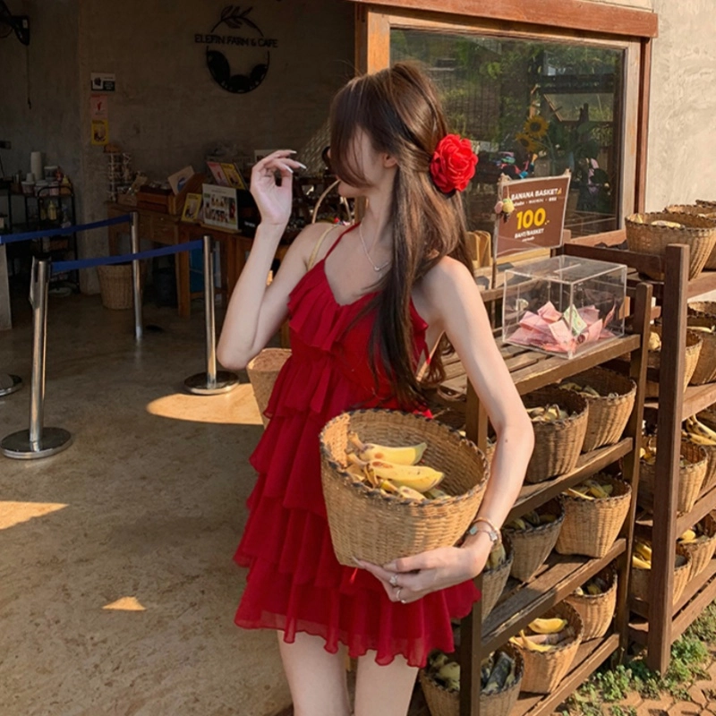 木清清 露背挂脖设计感吊带连衣裙 女款 红色