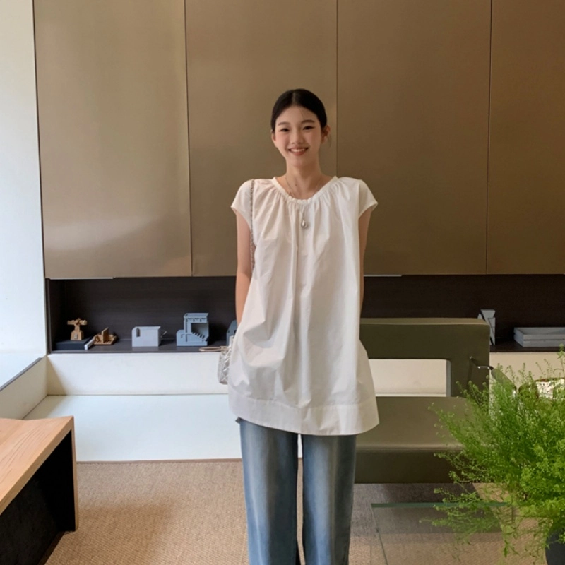木清清 纯色圆领宽松无袖衬衫 女款 白色