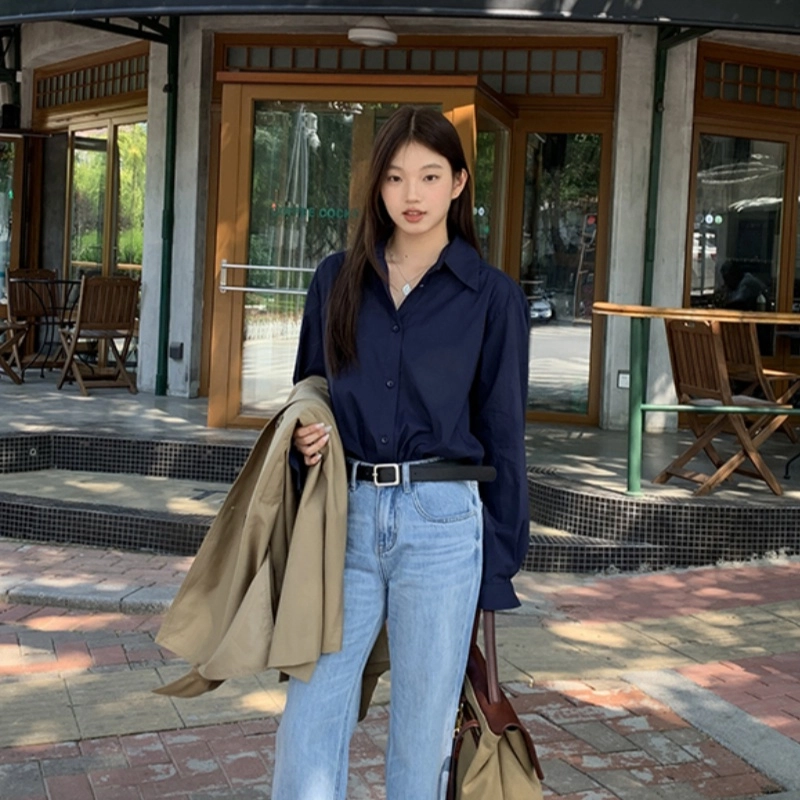 木清清 纯色翻领落肩长袖衬衫 女款 深蓝