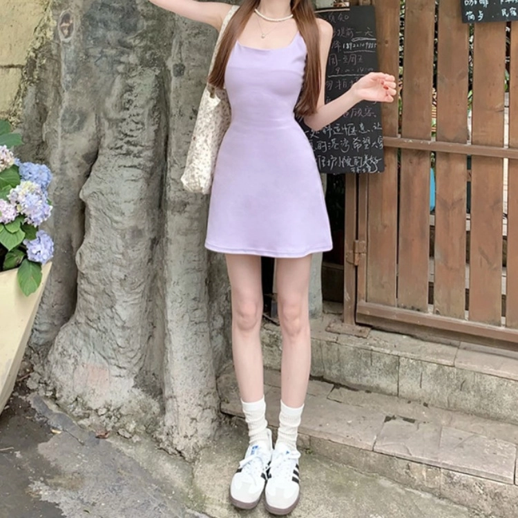 木清清 纯色修身方领吊带连衣裙 女款