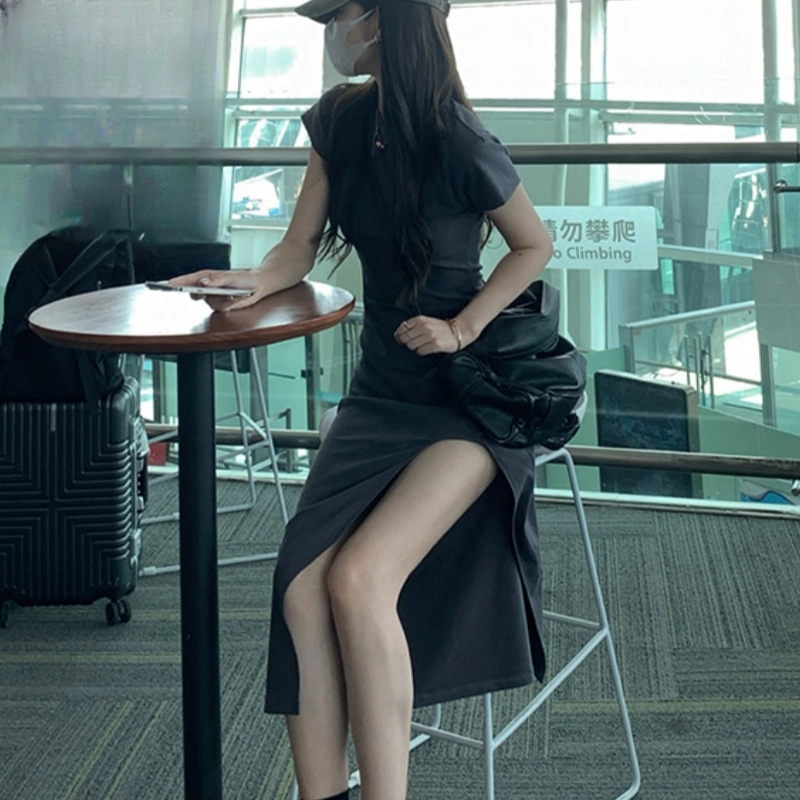 木清清 休闲纯色修身圆领中长款短袖连衣裙 女款 灰色