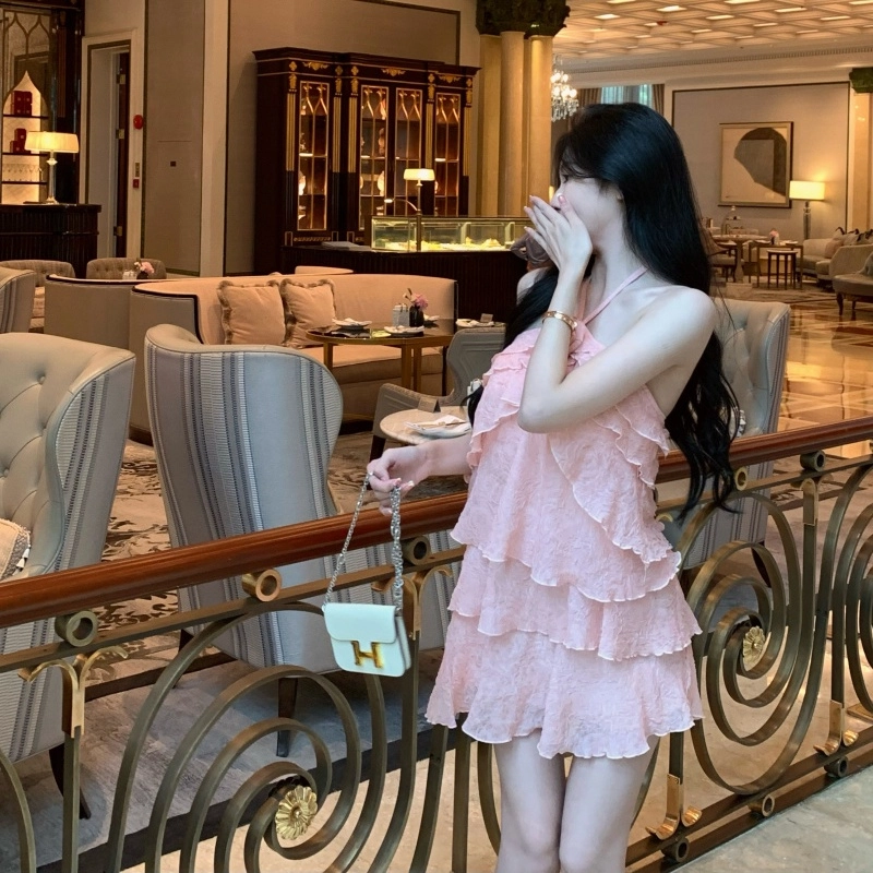 木清清 纯色挂脖荷叶边立体花卉无袖连衣裙 女款 粉色