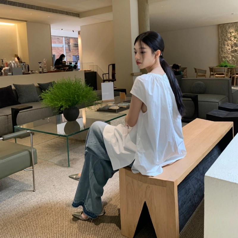 木清清 纯色圆领宽松无袖衬衫 女款 白色