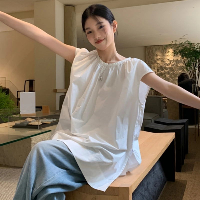木清清 纯色圆领宽松无袖衬衫 女款 白色