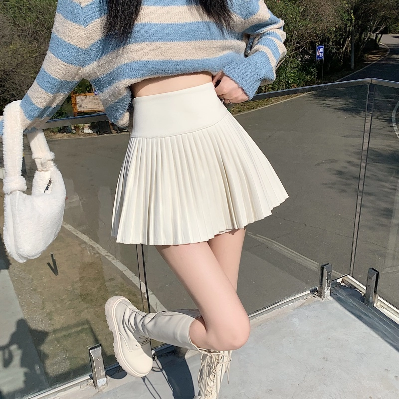 木清清 纯色高腰百褶休闲短裙 女款 米白色