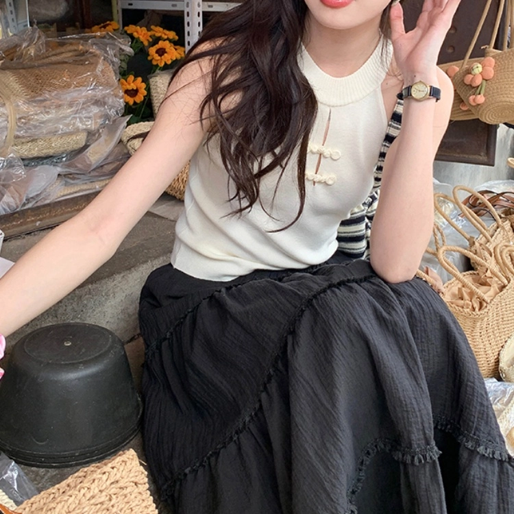 木清清 新中式旗袍盘扣挂脖上衣国风针织吊带无袖女内搭外穿背心 女款 杏色