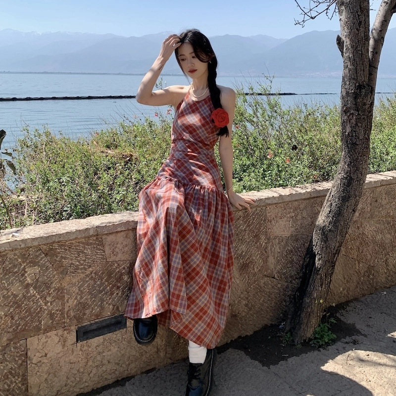 木清清 休闲简约格子套头长款无袖连衣裙 女款 红色
