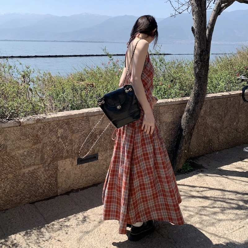 木清清 休闲简约格子套头长款无袖连衣裙 女款 红色