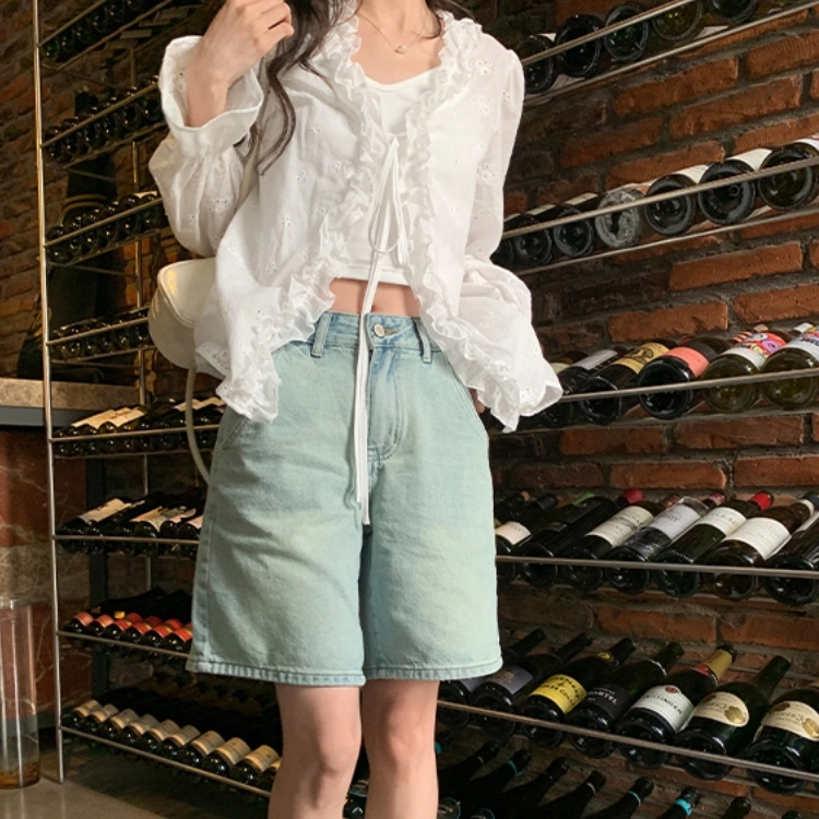 木清清 港味复古通勤高腰直筒百搭帅牛仔短裤 女款 蓝色