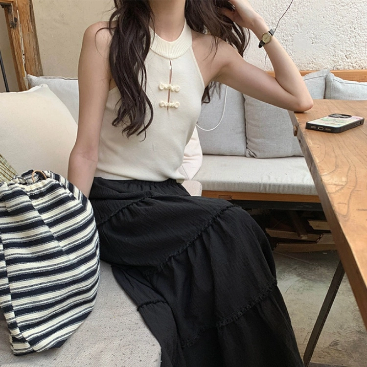 木清清 新中式旗袍盘扣挂脖上衣国风针织吊带无袖女内搭外穿背心 女款 杏色