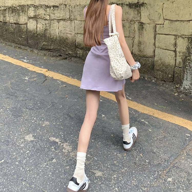木清清 纯色修身方领吊带连衣裙 女款
