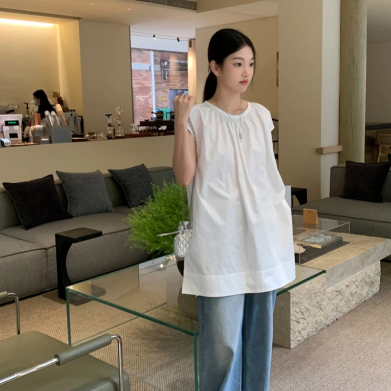 木清清 纯色圆领宽松无袖衬衫 女款 白色