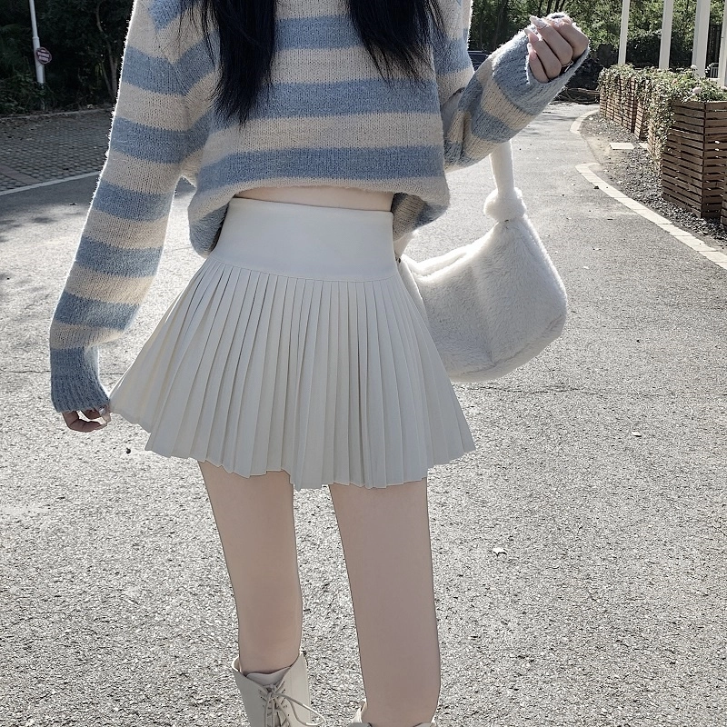 木清清 纯色高腰百褶休闲短裙 女款 米白色