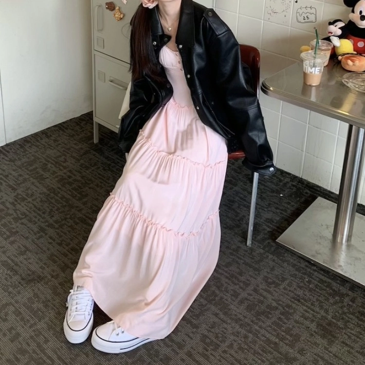 木清清 纯色长款宽松吊带连衣裙 女款 粉色