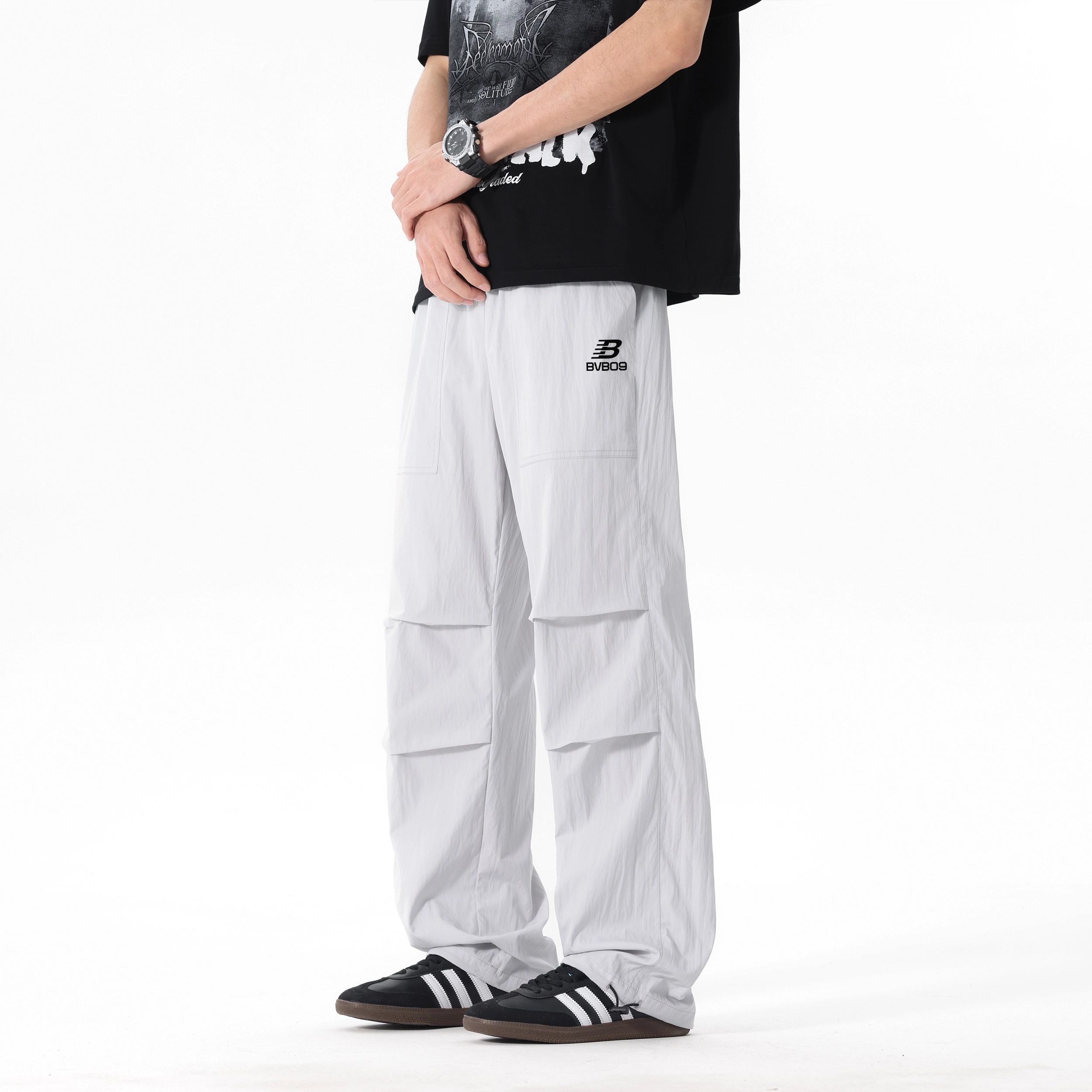 普鲁士多特蒙德 美式户外城市机能风品牌字母印花拼接褶皱薄款速干伞兵裤可收缩脚口宽松直筒百搭冰丝凉感透气弹力休闲裤 男女同款