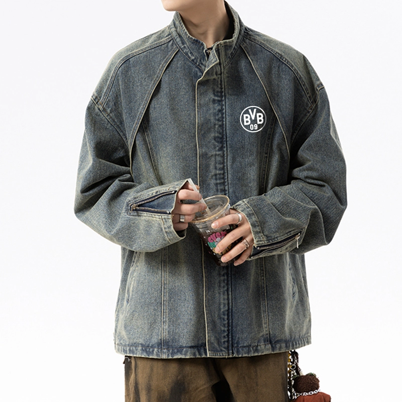 普鲁士多特蒙德 美式高街复古做旧男小众设计感情侣宽松休闲水洗立领外套时尚高级潮流夹克 男女同款