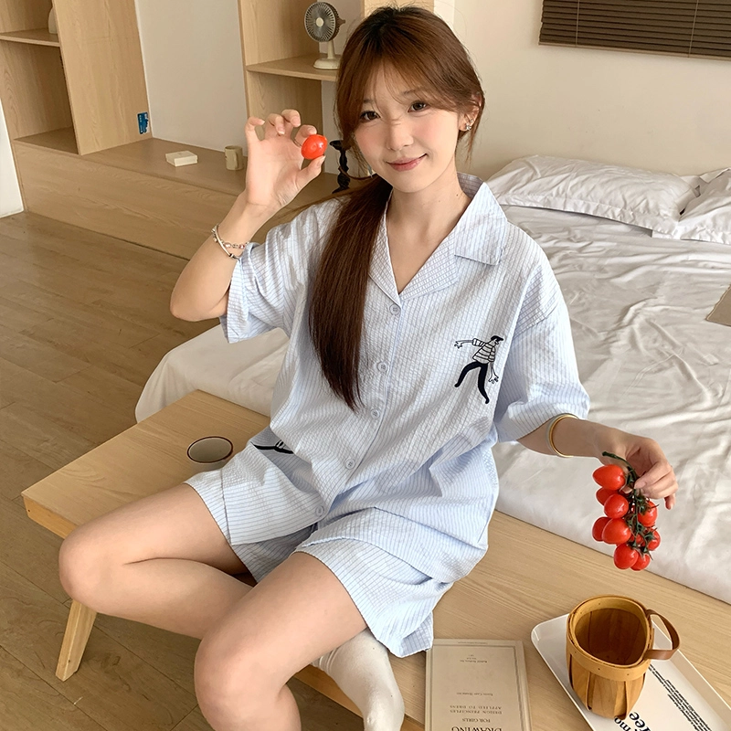 侘町 有趣人物简约清新柔软透气亲肤条纹卡通贴袋睡衣礼盒 女款 浅蓝色