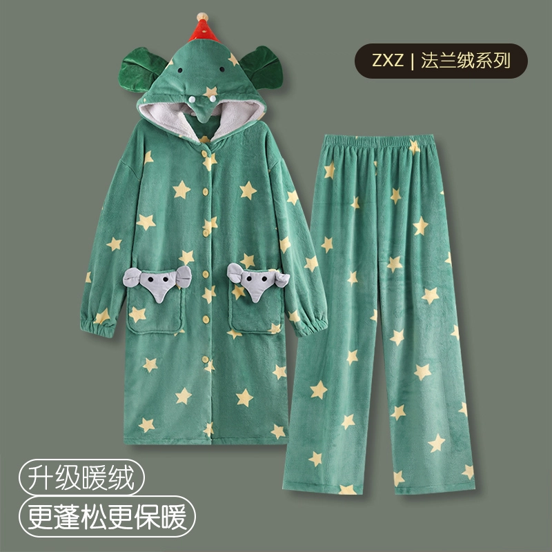 侘町 圣诞绿笨笨大象分体卡通柔软透气亲肤睡袍 女款 绿色