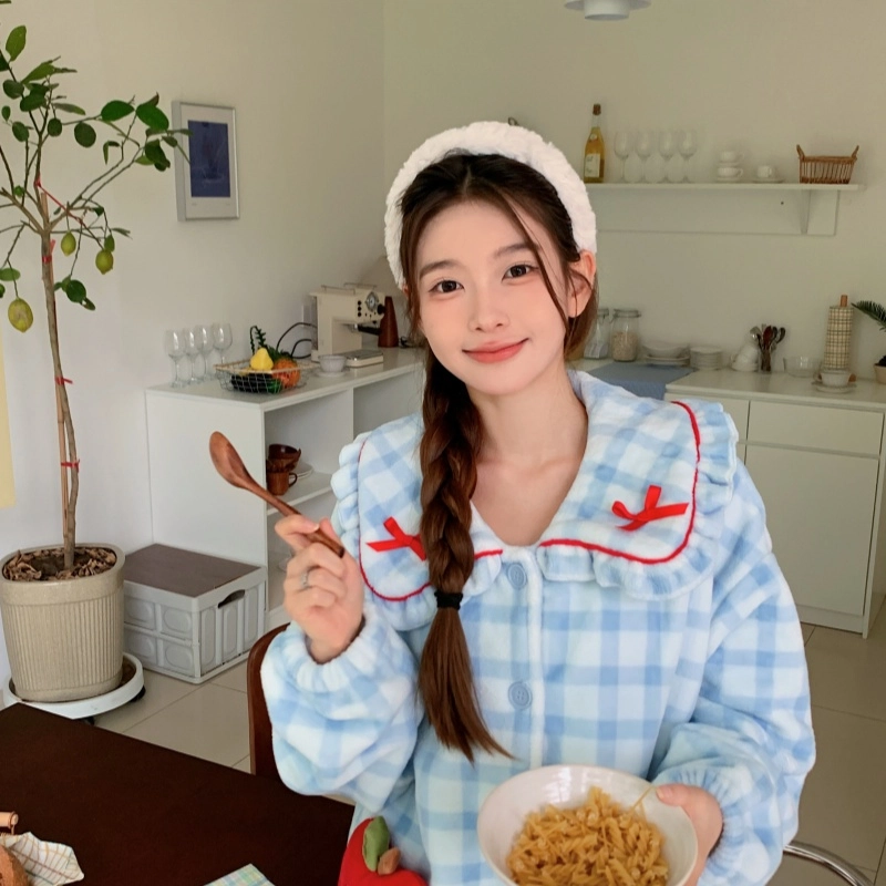 侘町 海盐立体苹果柔软透气亲肤睡衣套装 女款 蓝色