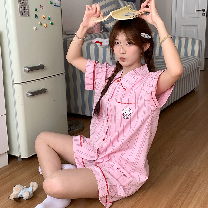 侘町 条纹可爱卡通柔软透气亲肤睡衣礼盒 女款 粉色