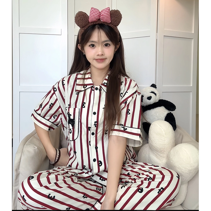 侘町 数字狗韩版条纹卡通柔软透气亲肤睡衣套装 女款 图片色