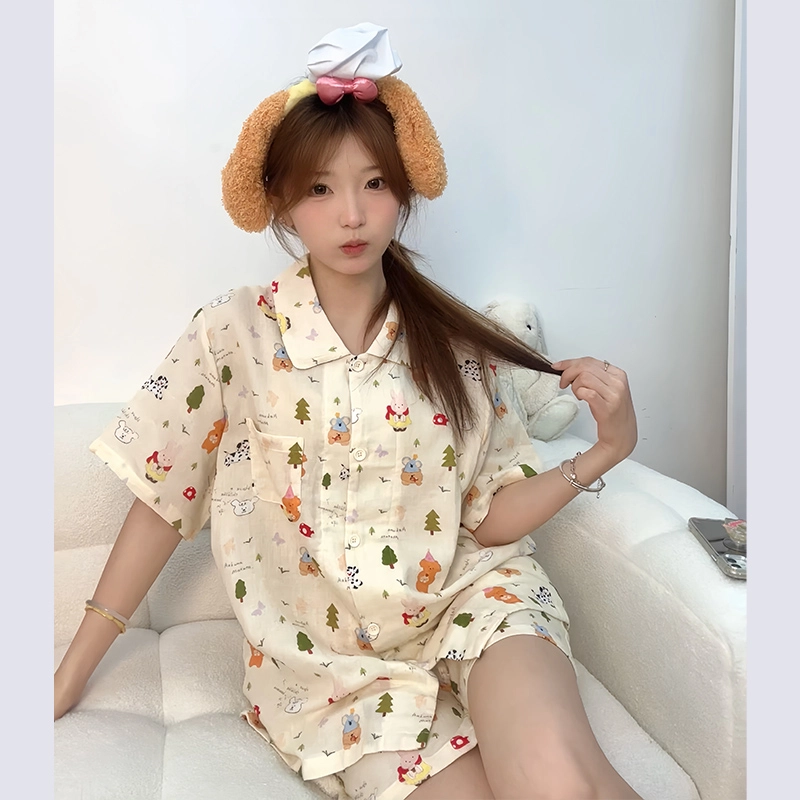 侘町 森林动物乐园卡通柔软透气亲肤棉纱睡衣套装 女款 图片色