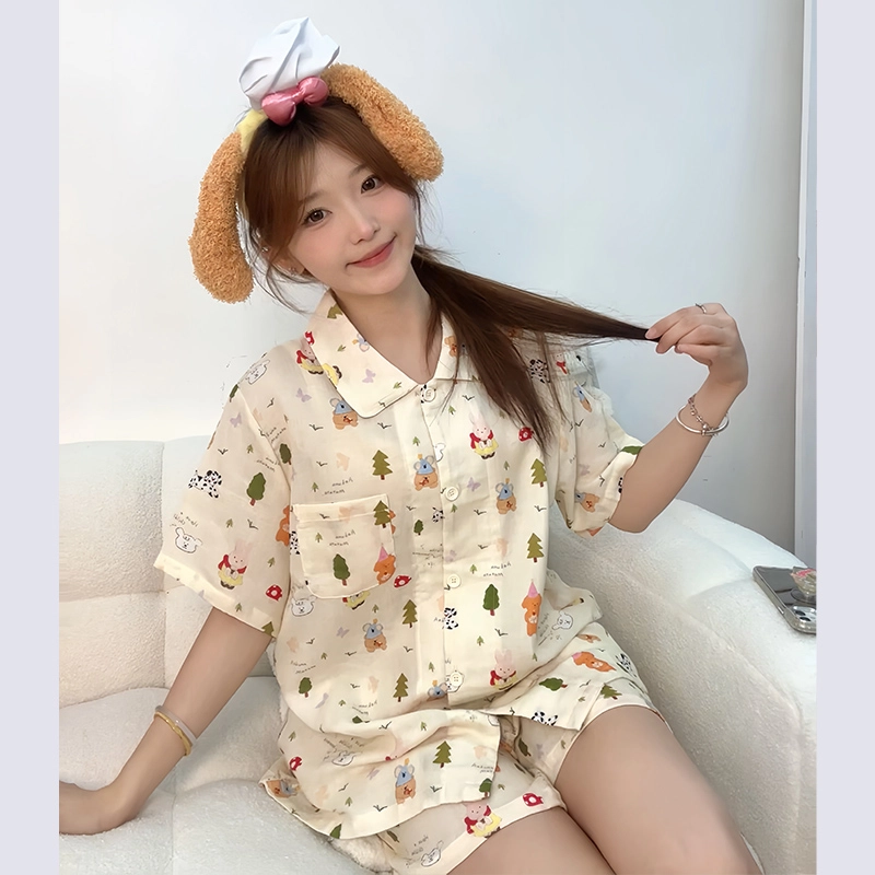 侘町 森林动物乐园卡通柔软透气亲肤棉纱睡衣套装 女款 图片色