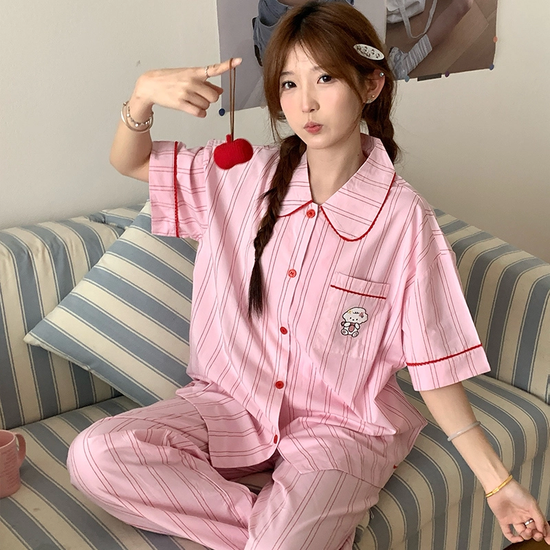侘町 咩咩羊卡通条纹柔软透气亲肤睡衣礼盒 女款 粉色