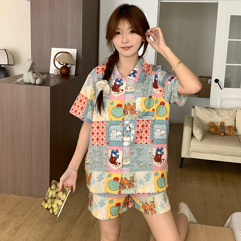 侘町 格子纯棉棉纱卡通柔软透气亲肤睡衣礼盒 女款 图片色