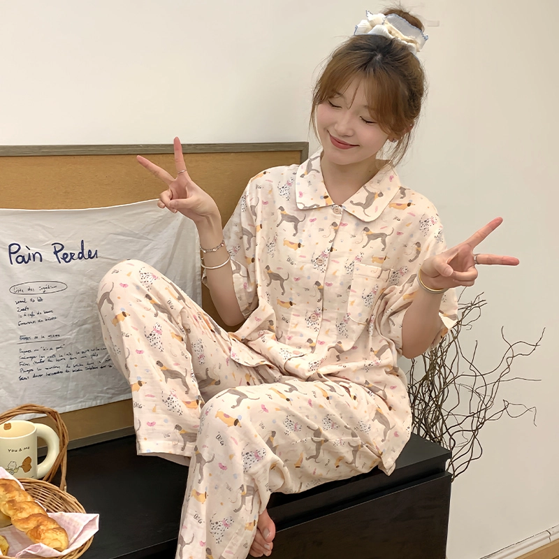 侘町 蝴蝶结腊肠狗纯棉柔软透气亲肤睡衣套装 女款 图片色