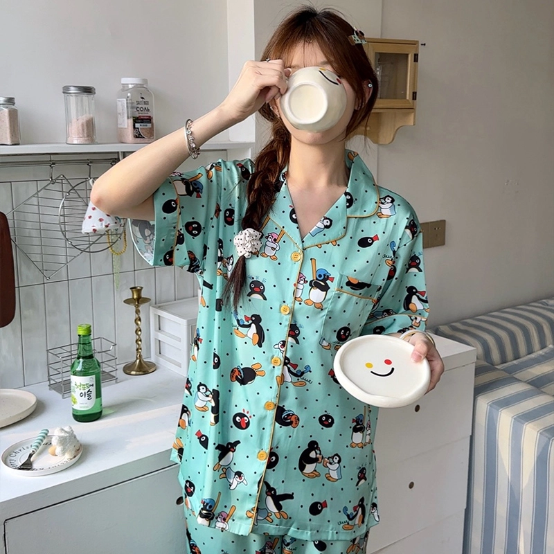 侘町 薄荷曼波卡通丝滑柔软透气亲肤睡衣礼盒 女款 绿色