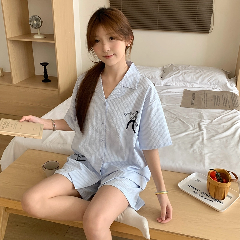 侘町 有趣人物简约清新柔软透气亲肤条纹卡通贴袋睡衣礼盒 女款 浅蓝色