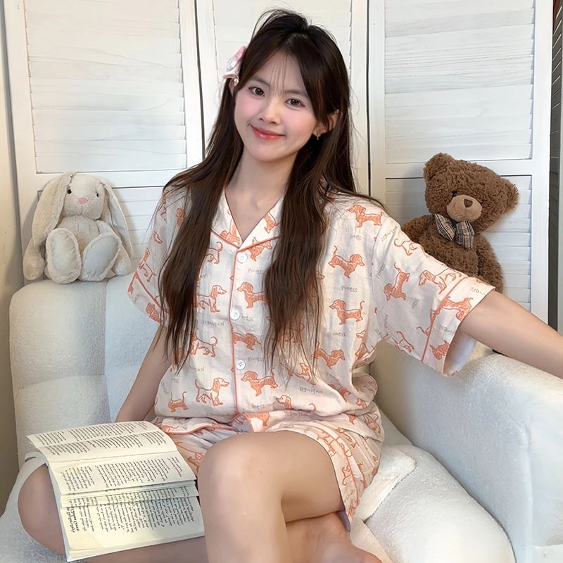 侘町 橘调腊肠狗棉纱卡通柔软透气亲肤睡衣套装 女款 图片色