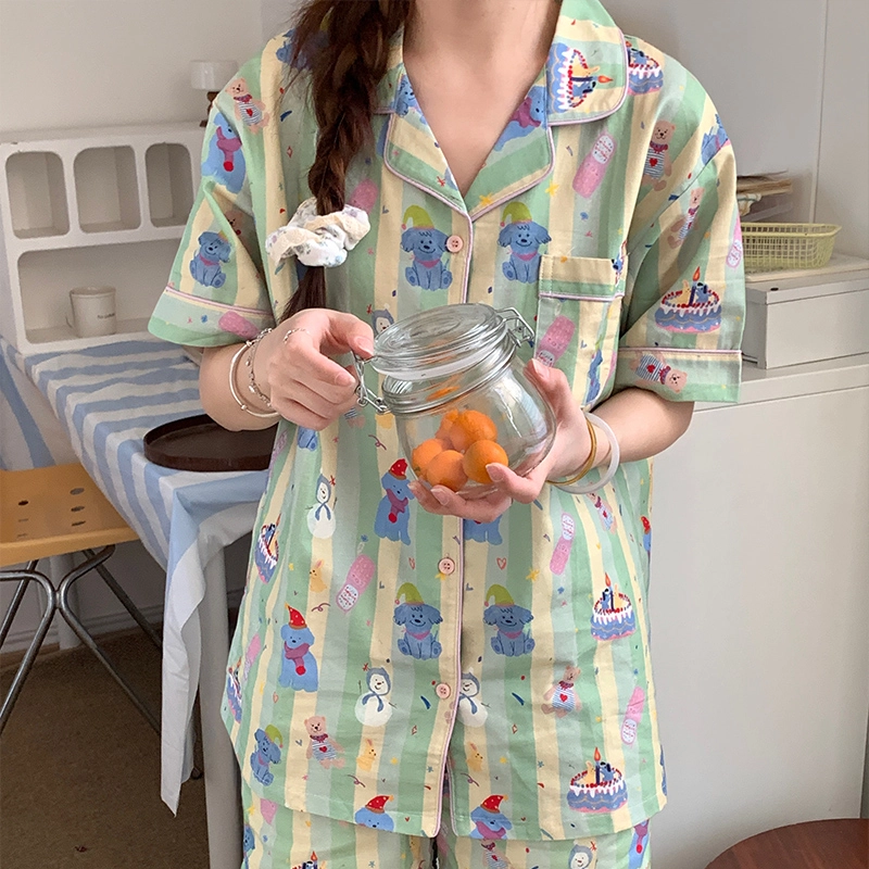 侘町 生日小熊清新卡通柔软透气亲肤睡衣礼盒 女款 浅绿色