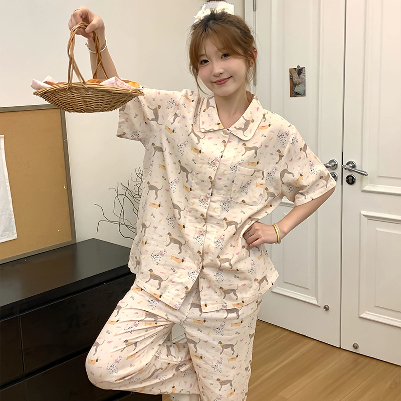 侘町 蝴蝶结腊肠狗纯棉柔软透气亲肤睡衣套装 女款 图片色