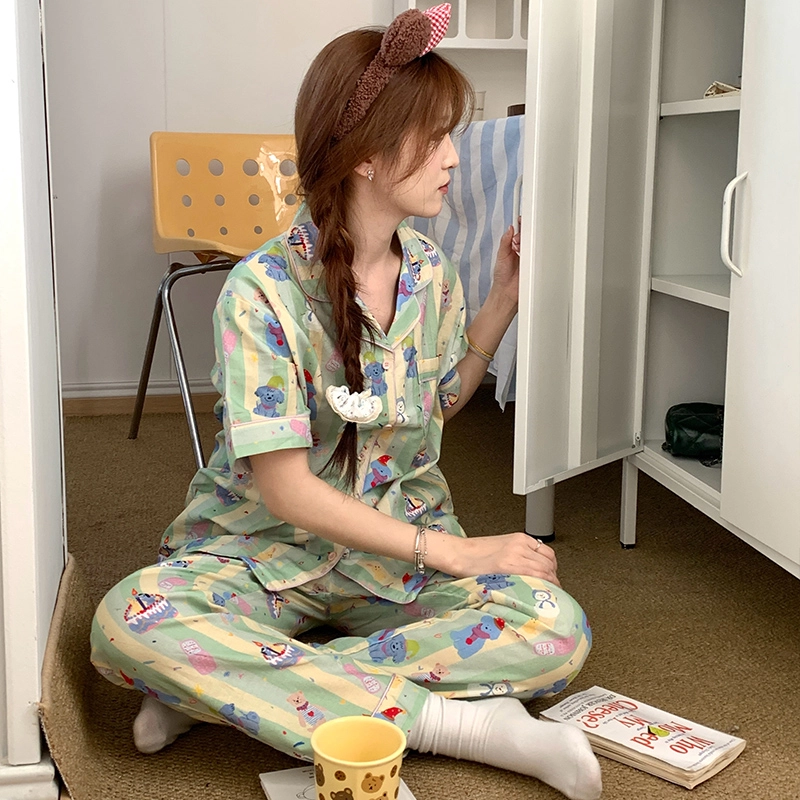 侘町 生日小熊清新卡通柔软透气亲肤睡衣礼盒 女款 绿色